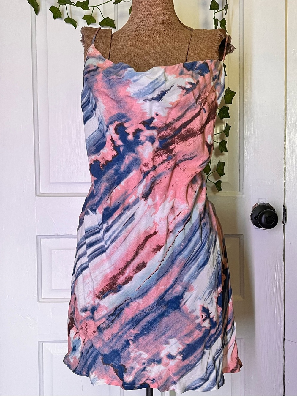 Saints + Secrets Show Me Love Cowl Neck Pink & Blue Marble Print Slip Dress